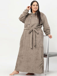 KLOTTHE Plus Size Brown Woollen Long Sleeves Bath Robe With Belt