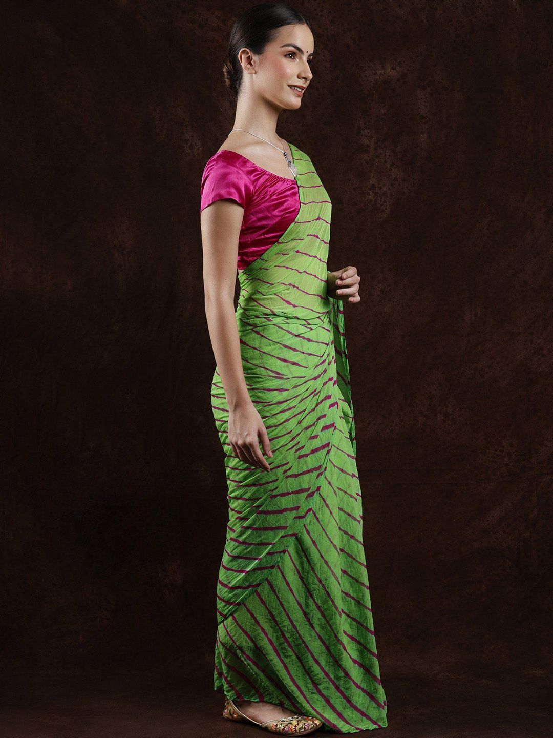 Exotic India Summer Green Leharia Tie-Dye Chiffon Saree