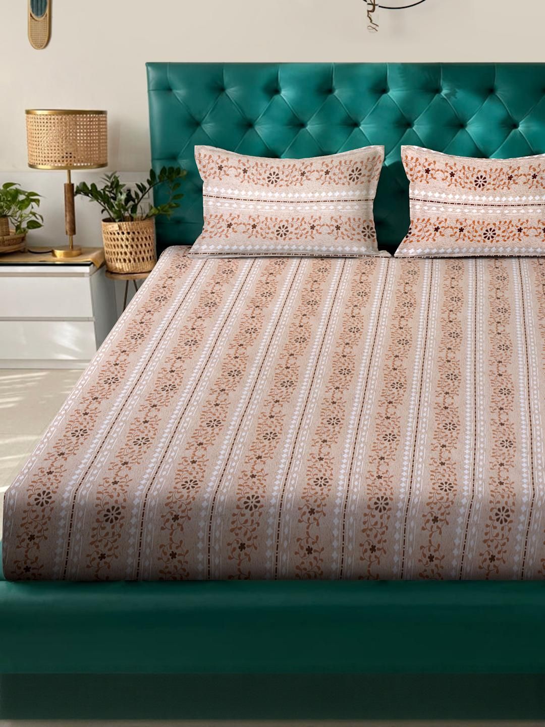 KLOTTHE Beige & Grey Floral Printed Pure Cotton 400 TC King Bedsheet Set 2.5 m x 2.25 m