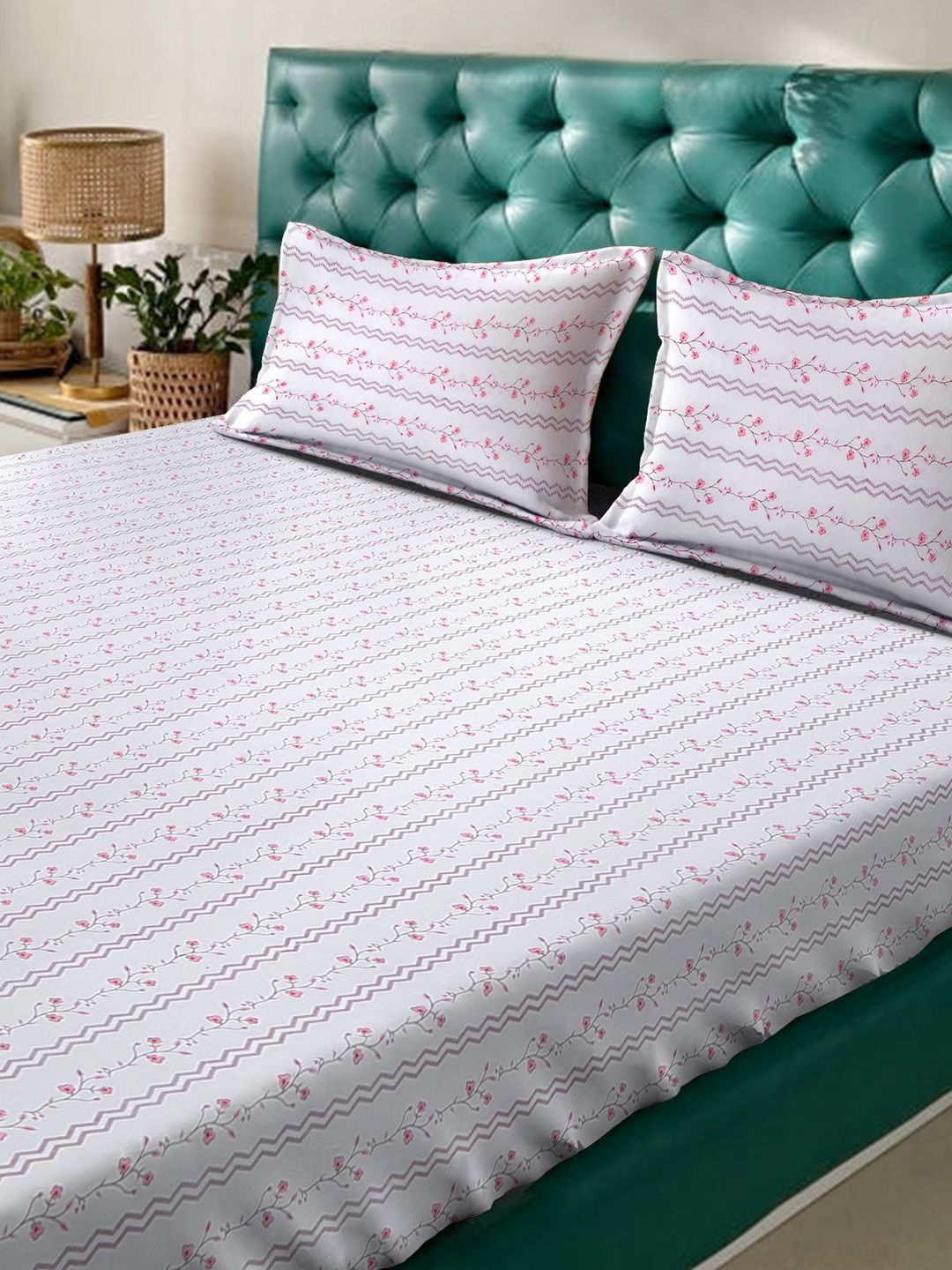 KLOTTHE Cetakan Bunga Putih 400 TC Cadar Dengan 2 Sarung Bantal