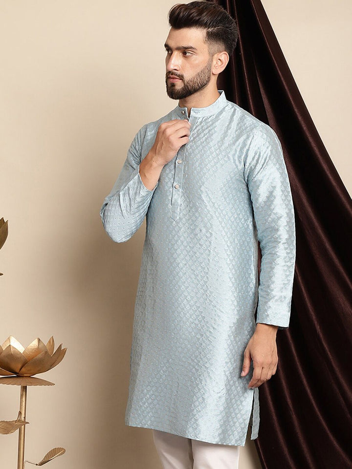Anouk Blue Ethnic Motif Tenunan Kurta Lurus Kapas Sutera