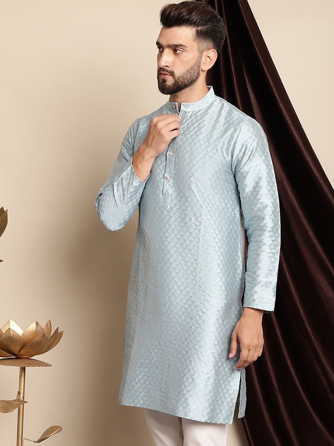 Anouk Blue Ethnic Motif Tenunan Kurta Lurus Kapas Sutera