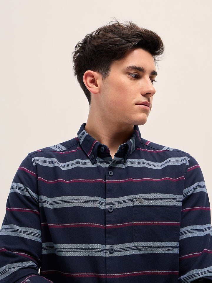 THE BEAR HOUSE Men Button-Down Collar Horizontal Striped Cotton Slim Fit Casual Shirt