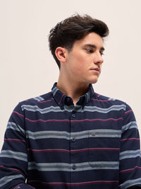 THE BEAR HOUSE Men Button-Down Collar Horizontal Striped Cotton Slim Fit Casual Shirt