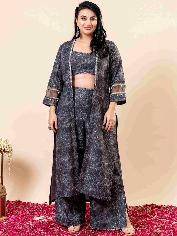 Mamicha Printed V- Neck Crop Top With Cape & Palazzos Co-Ords Set