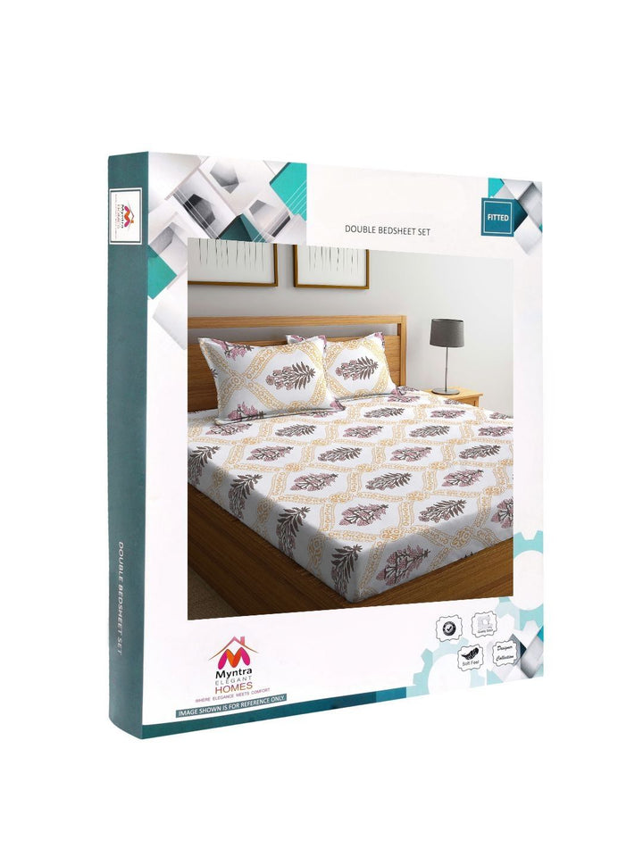 Myntra Elegant Homes White & Yellow Floral Printed Dilengkapi 300 TC King Bedsheet dengan 2 Sarung Bantal