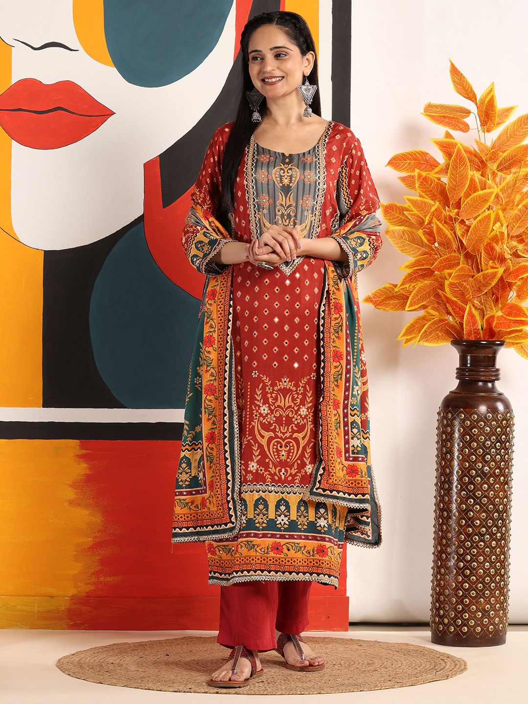 Mamicha Women Ethnic Motifs Printed Regular Pure Cotton Kurta with Palazzos & With Dupatta