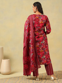 Mamicha Women Floral Printed Regular Thread Work Pure Cotton Kurta with Trousers & With Dupatta