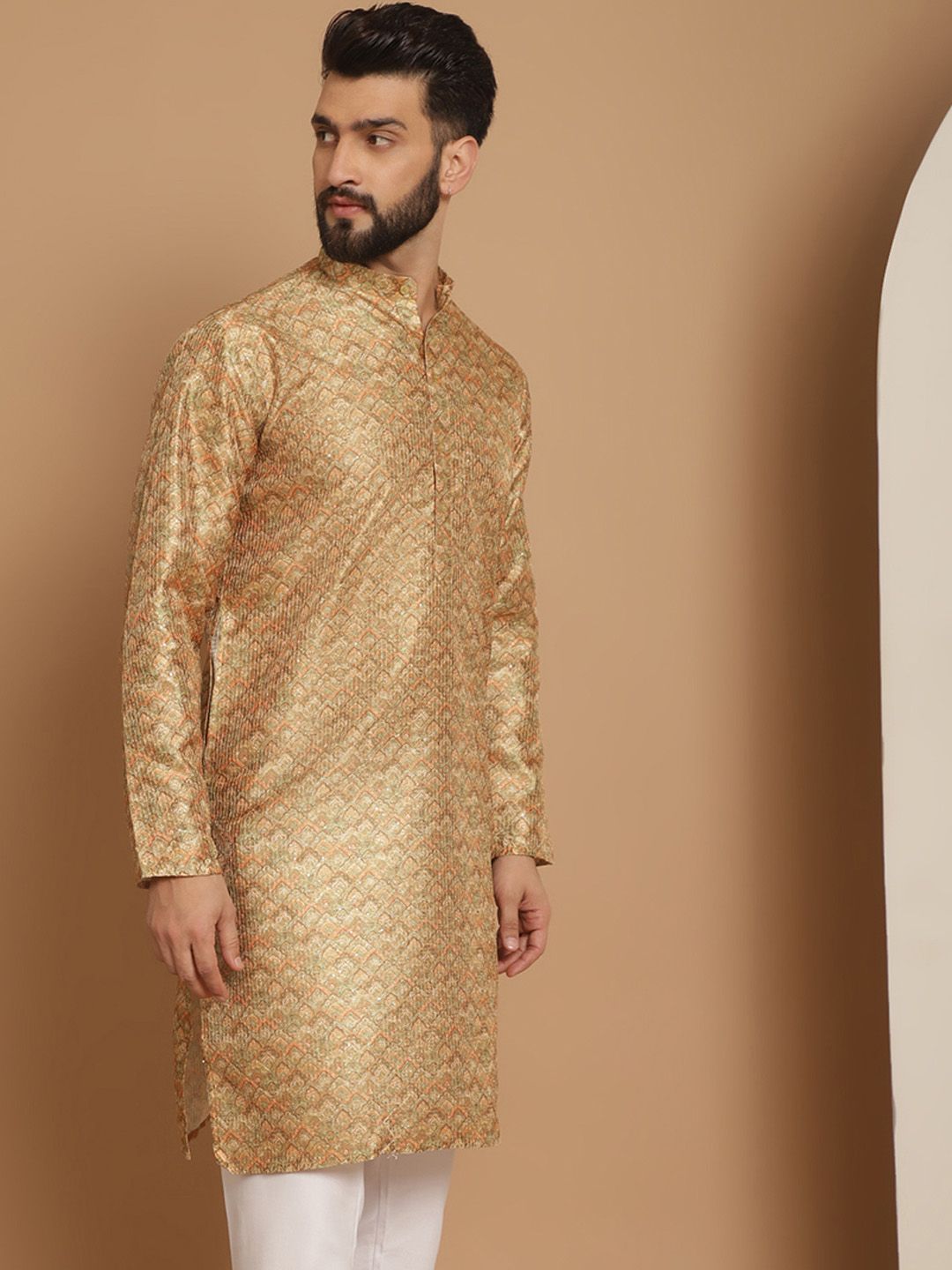 Anouk Men Mustard Yellow Ethnic Motifs Thread Work Pathani Kurta