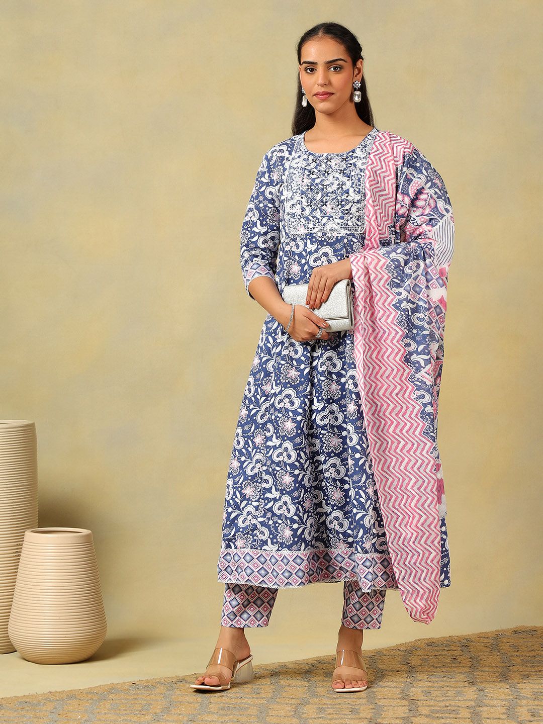 Mamicha Ethnic Motifs Printed Thread Work Pure Cotton Kurta with Trousers & With Dupatta