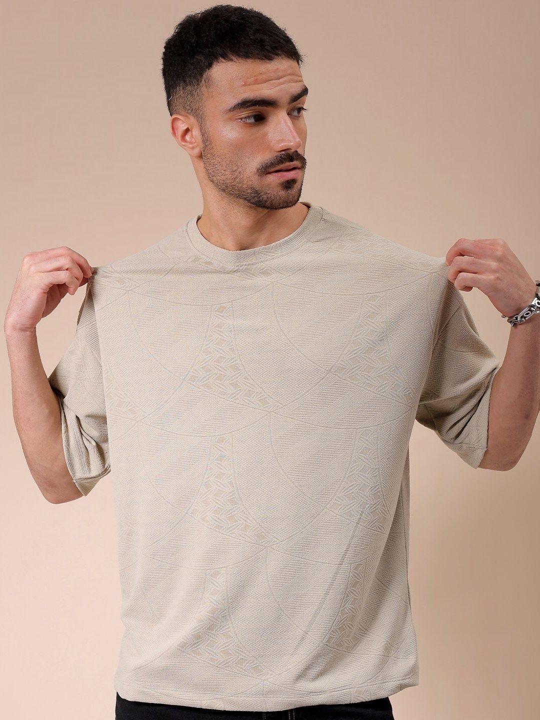 The Indian Garage Co Men Self Design Round Neck Oversized T-shirt