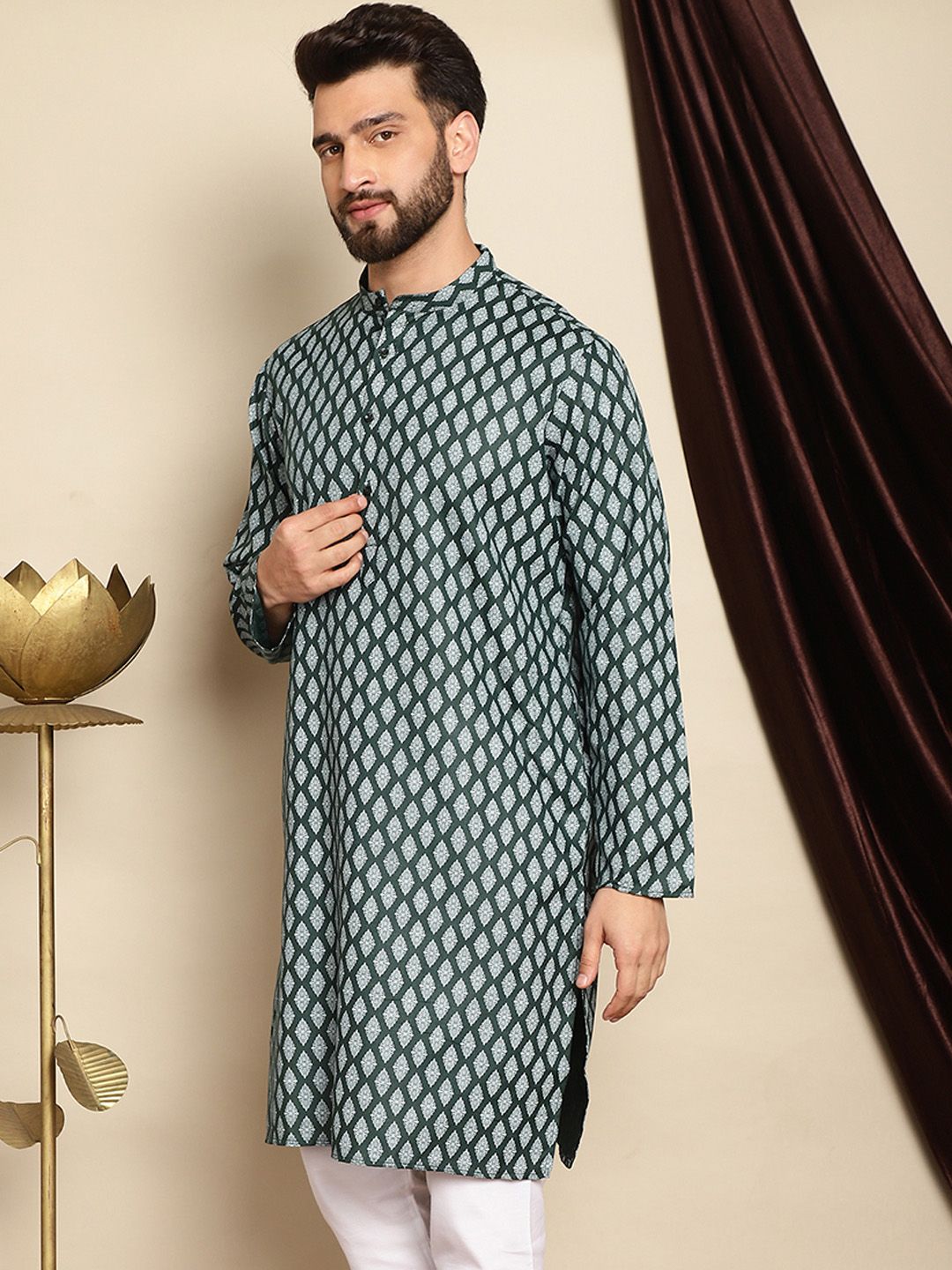 Motif Etnik Hijau Anouk Bercetak Kurta Linen Kapas Lurus
