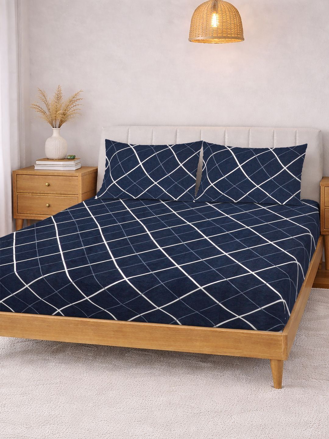 Myntra Elegant Homes Blue Geometric 300 TC King Bedsheet with 2 Pillow Covers