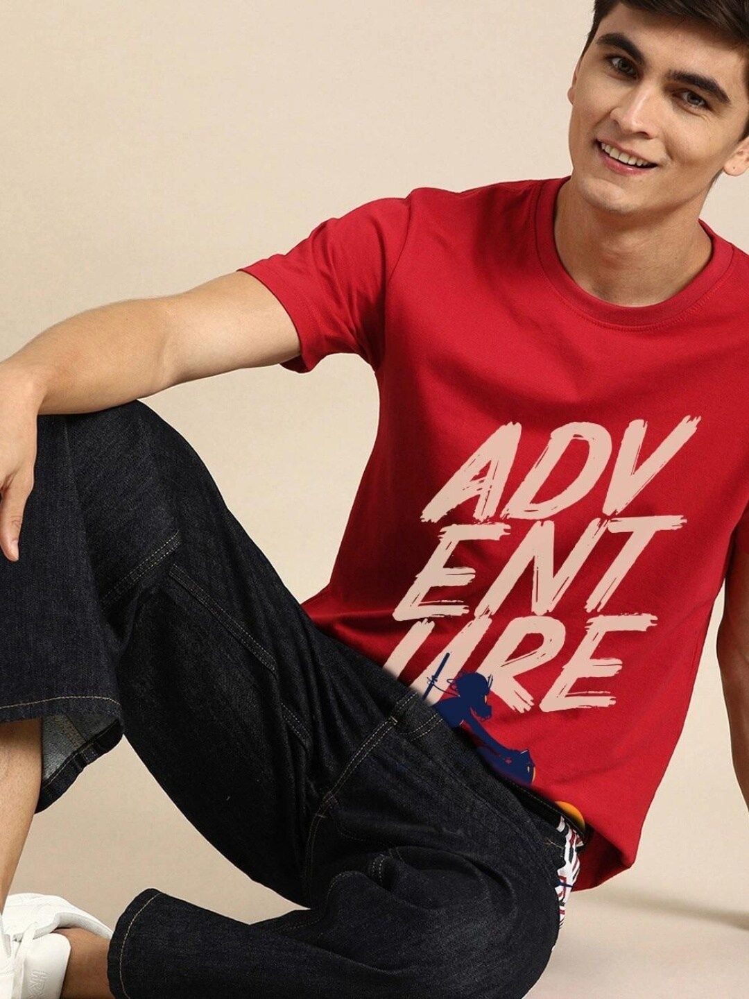 Bewakoof Men Red Typography Printed Pure Cotton T-shirt