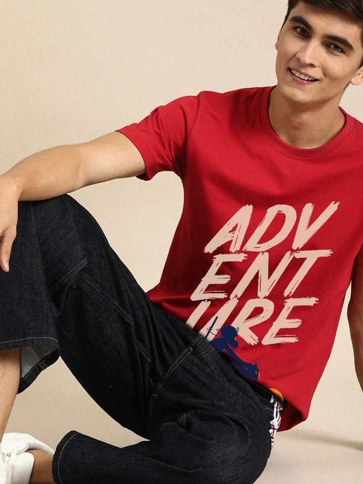 Bewakoof Men Red Typography Printed Pure Cotton T-shirt
