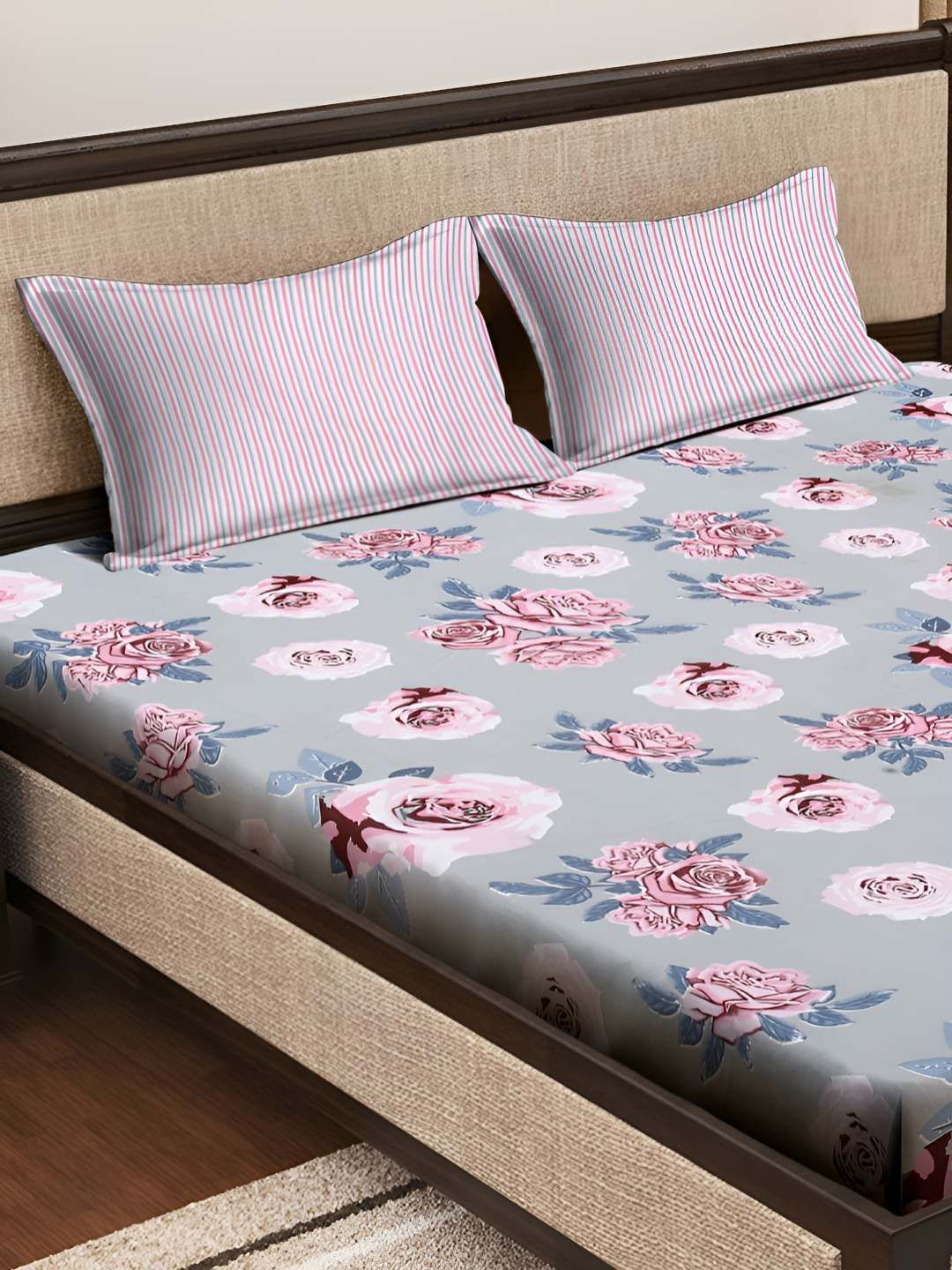 Myntra Elegant Homes Grey & Pink Floral Printed Dilengkapi 300 TC Super King Cadar Dengan 2 Sarung Bantal
