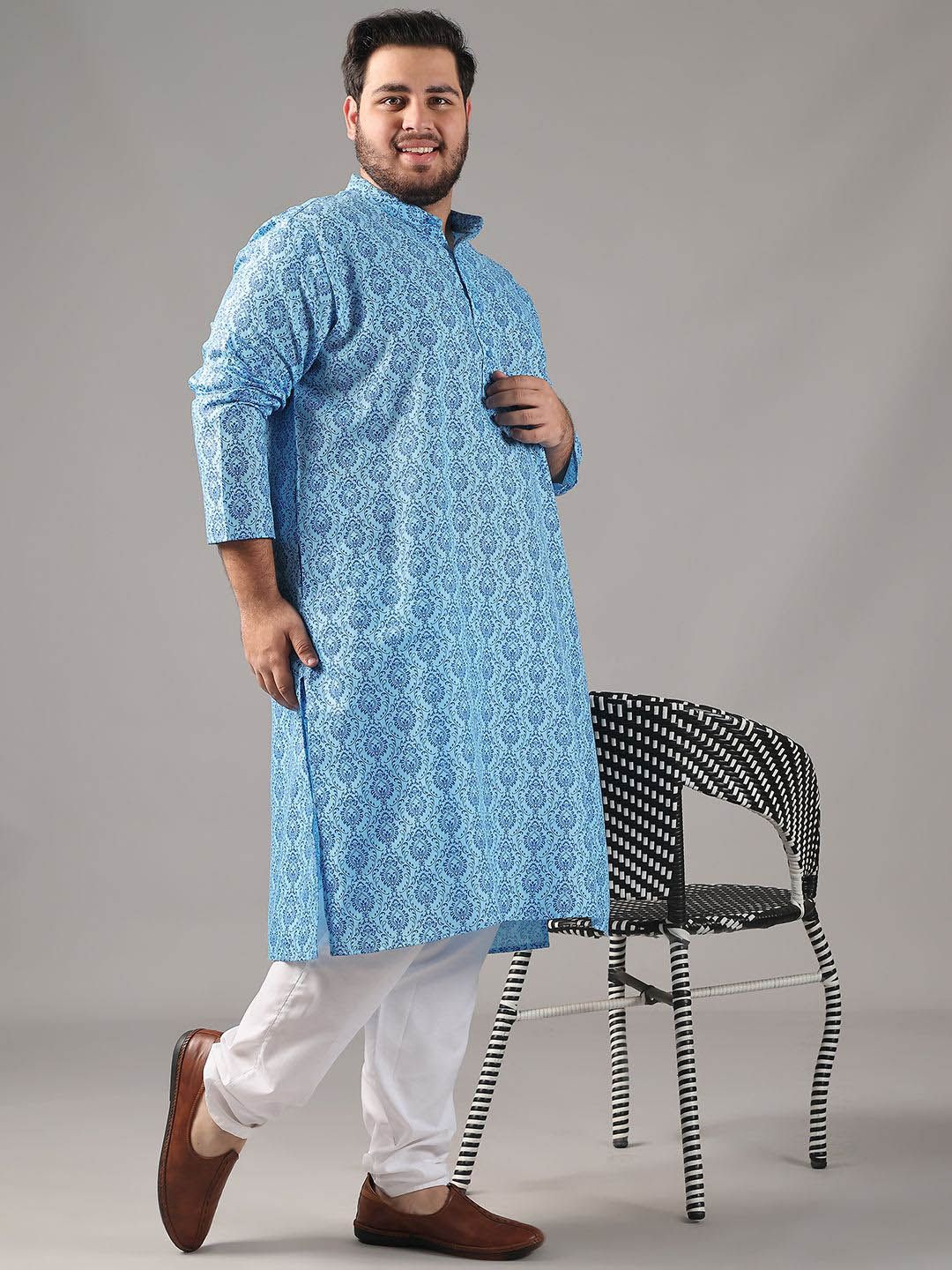 SOJANYA PLUS Plus Size Lelaki Motif Etnik Bercetak Kolar Jalur Kurta Lurus Dengan Piyama
