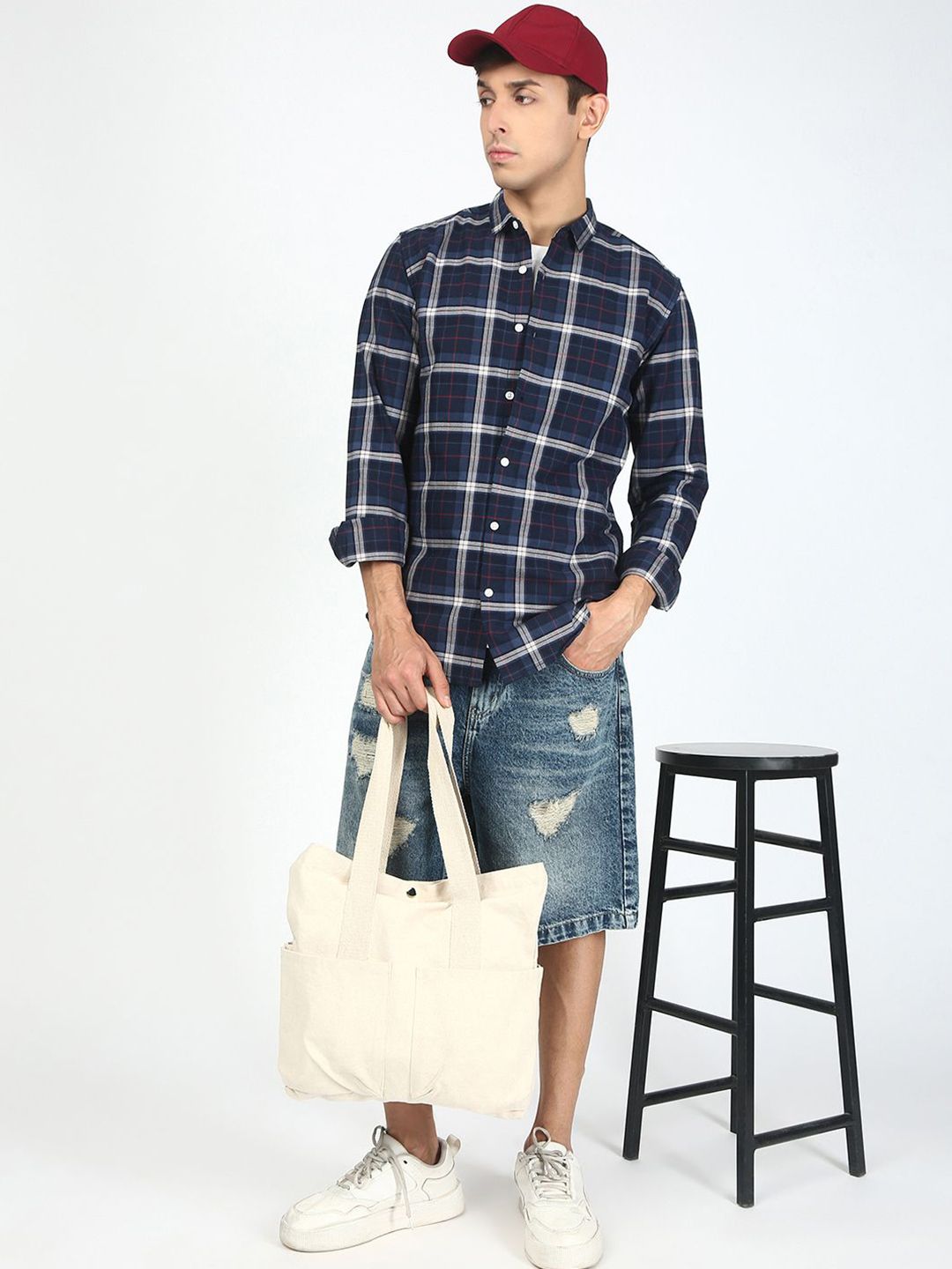 Bene Kleed Men Tartan Checked Spread Collar Cotton Casual Shirt