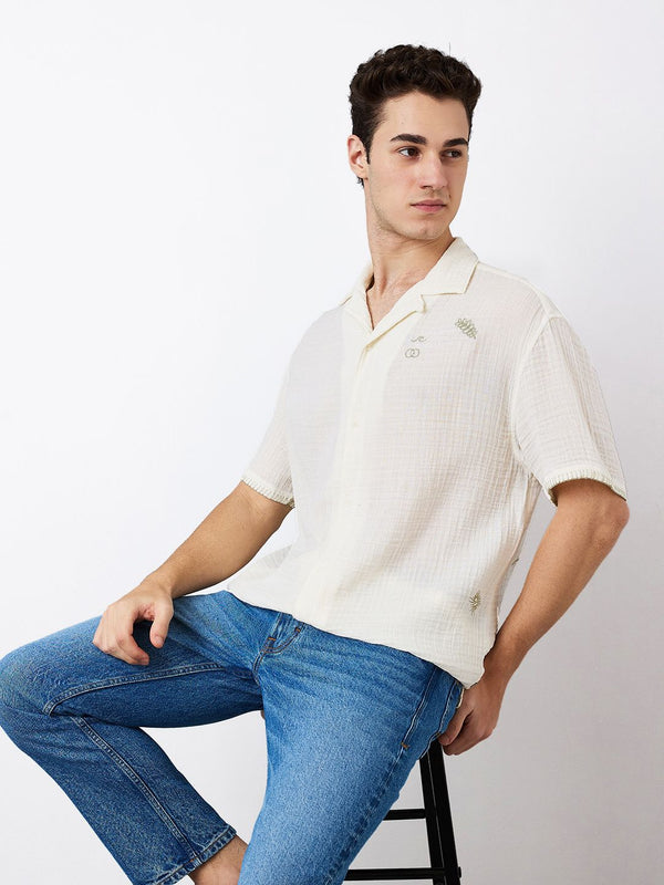 SPYKAR Men Relaxed Fit Cuban Collar Textured Cotton Casual Shirt