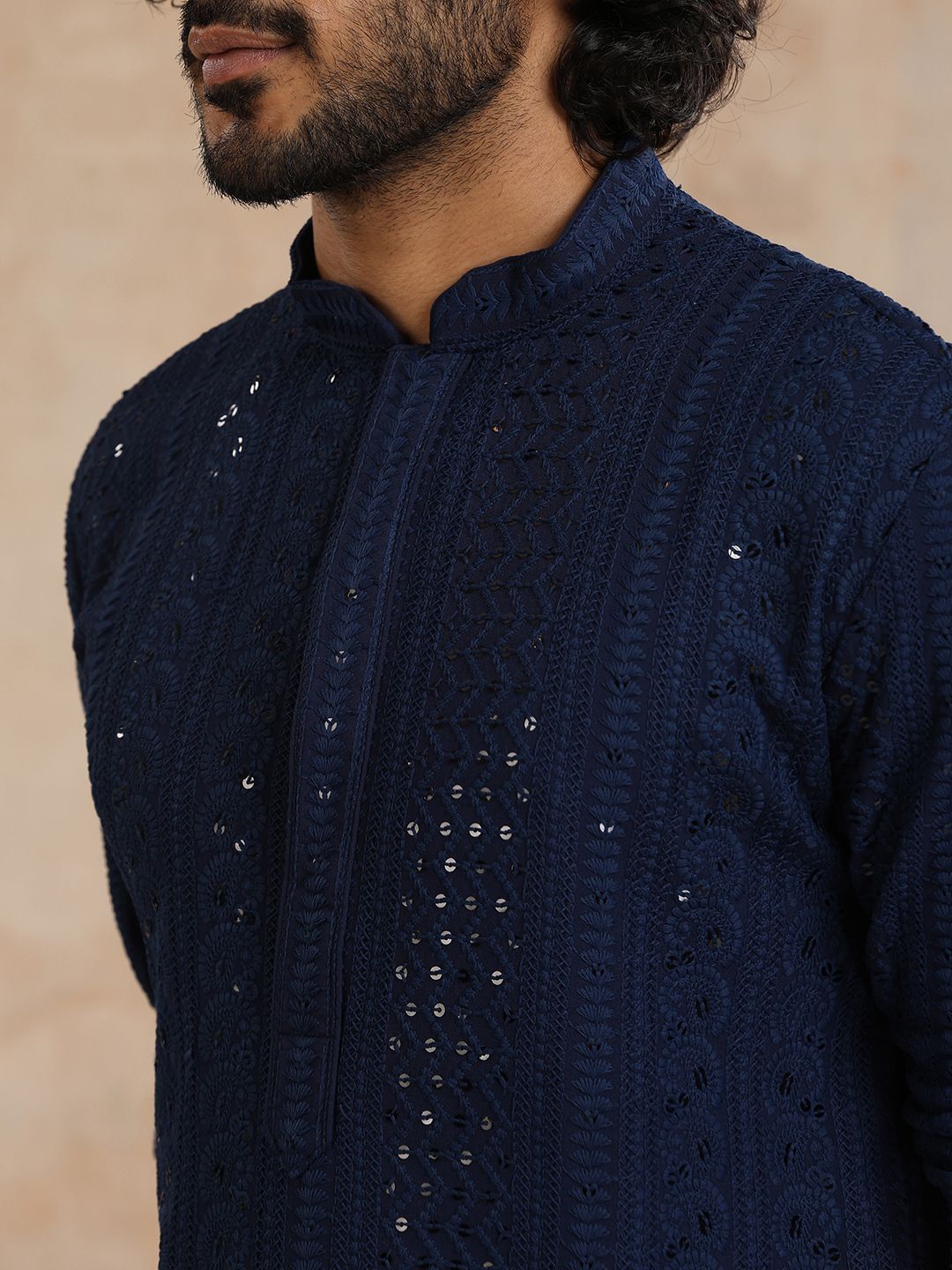 House of Chikankari Men Navy Blue Rayon Embroidered Kurta