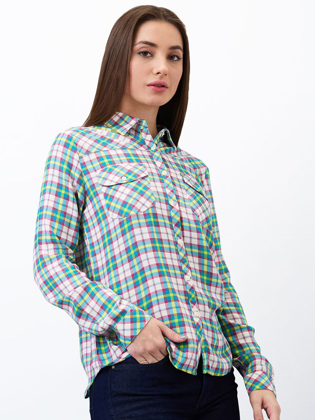 SPYKAR Women Regular Fit Spread Collar Checked Casual Shirt