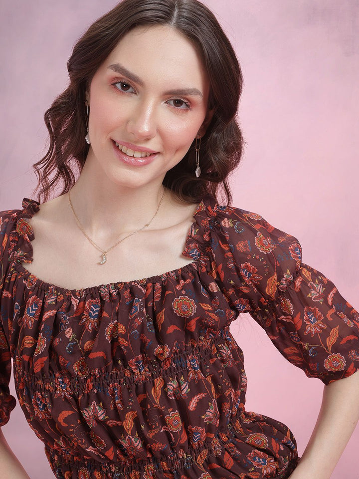 DressBerry Floral Print Smocked Puff Sleeve Top