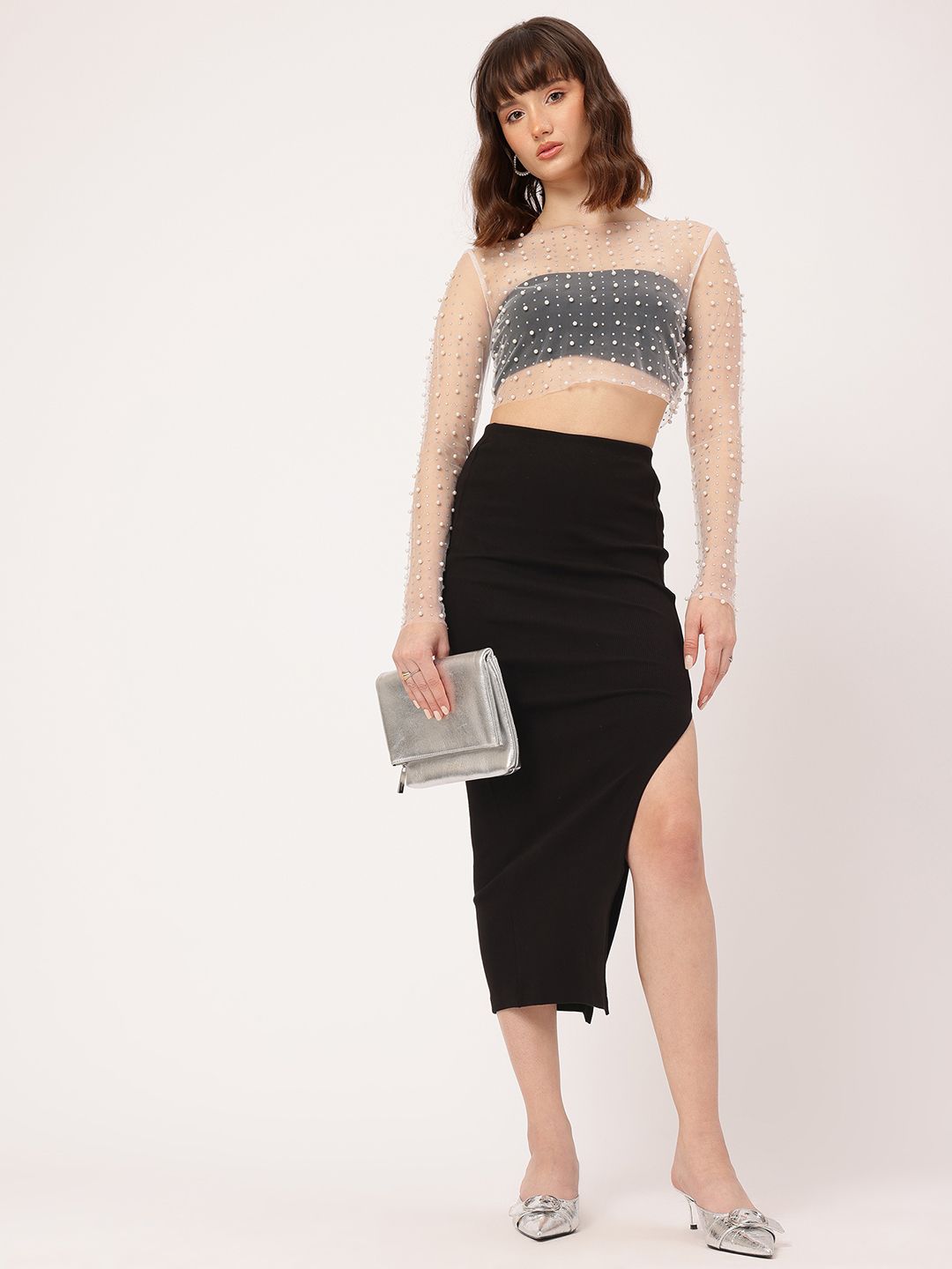 DressBerry Minimalist Marvel Ribbed Midi Skirt with Slit
