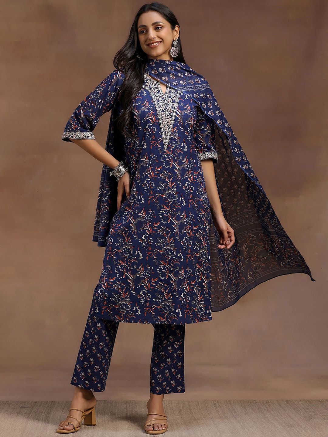 Libas Floral Printed Pure Cotton Straight Kurta With Trouser & Dupatta