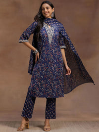 Libas Floral Printed Pure Cotton Straight Kurta With Trouser & Dupatta
