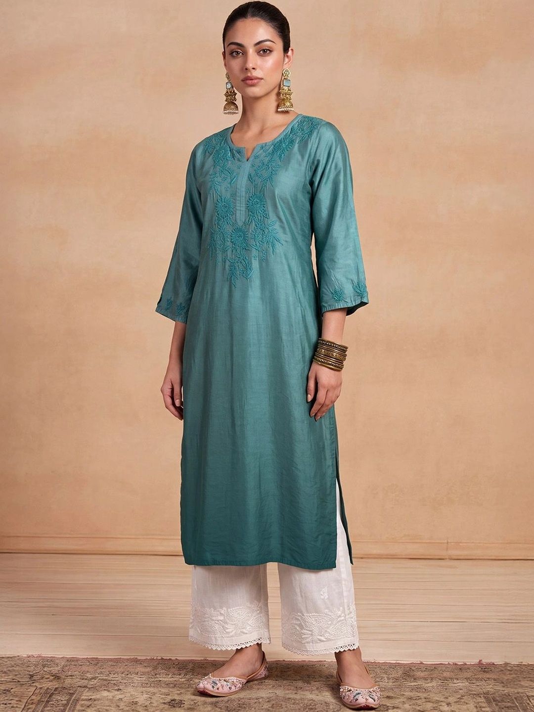 House of Chikankari Women Embellished Thread Work Chanderi Silk Kurta