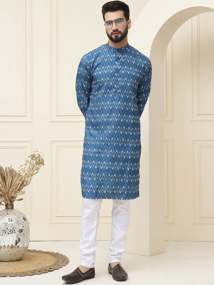 SOJANYA Kolar Mandarin Bercetak Geometrik Kapas Tulen Kurta Lurus dengan Piyama