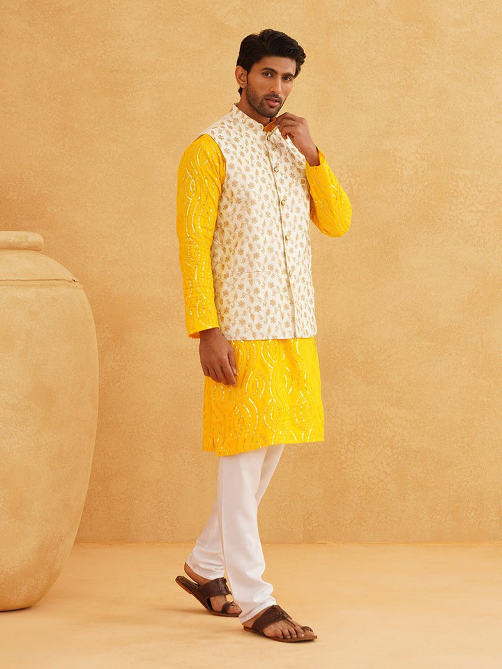 SOJANYA Leheriya Sequinned Band Collar Pure Cotton Kurta With Churidar And Nehru Jacket