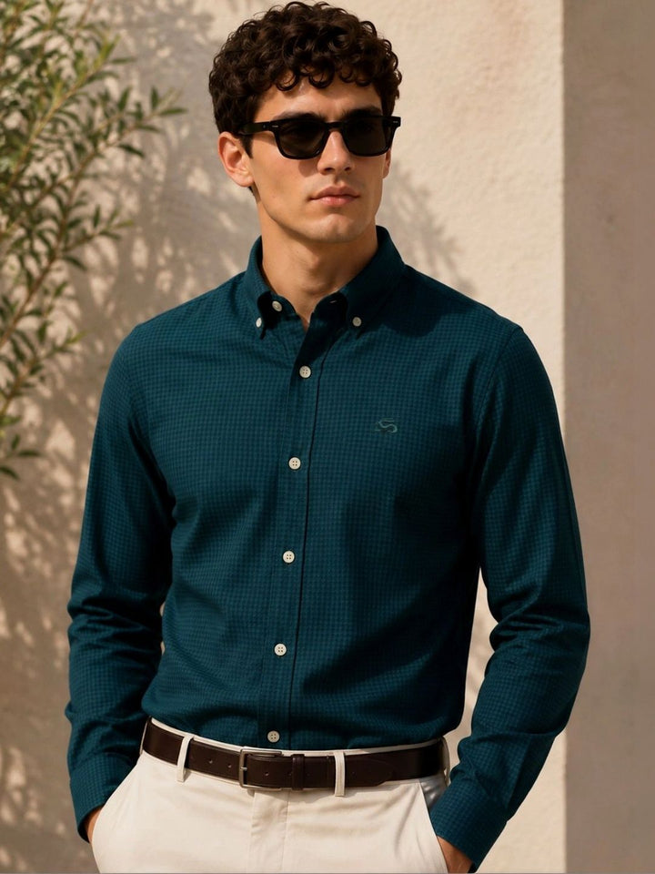 ADRO Men Teal Blue Mini Checked Regular Fit Casual Cotton Shirt