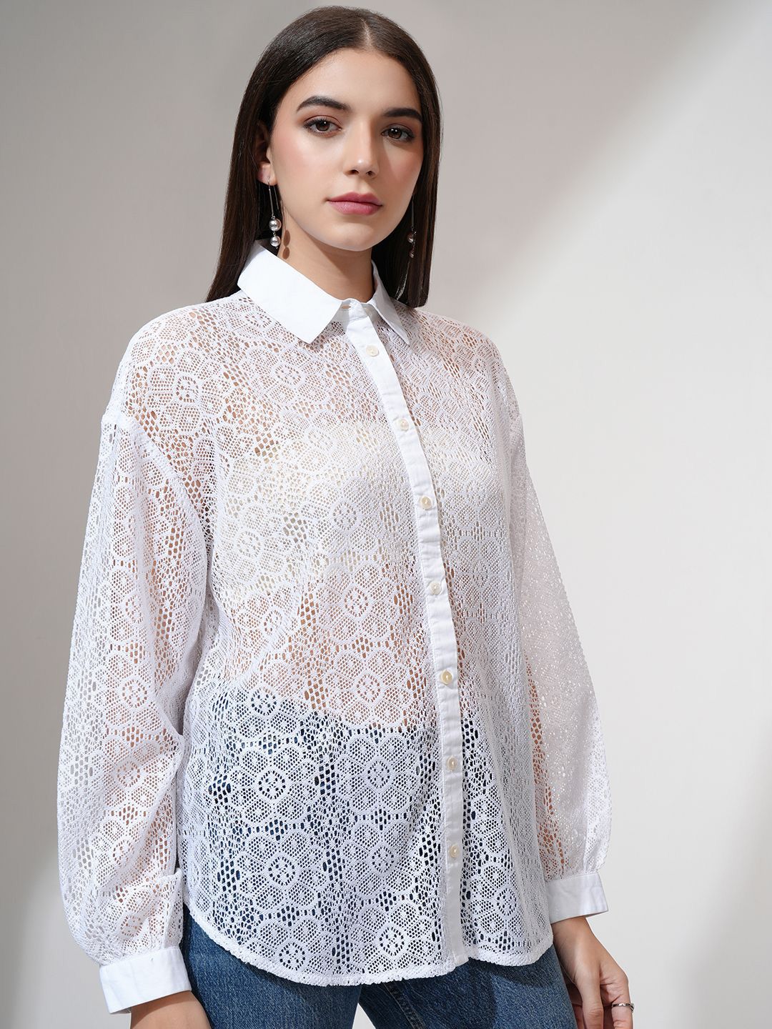 Tokyo Talkies Women Relaxed Fit Drop Shoulder Lace Shirt
