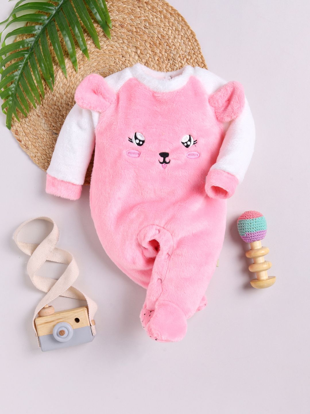 Moms Love Infant Girls Cotton Faux Fur Embroidered Sleepsuit