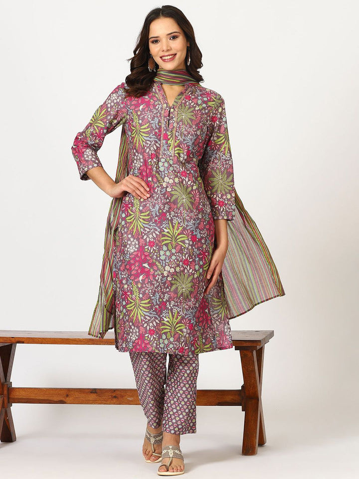 W Purple Floral Printed Three-Quarter Sleeves Pure Cotton Kurta With Trouser & Dupatta