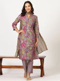 W Purple Floral Printed Three-Quarter Sleeves Pure Cotton Kurta With Trouser & Dupatta