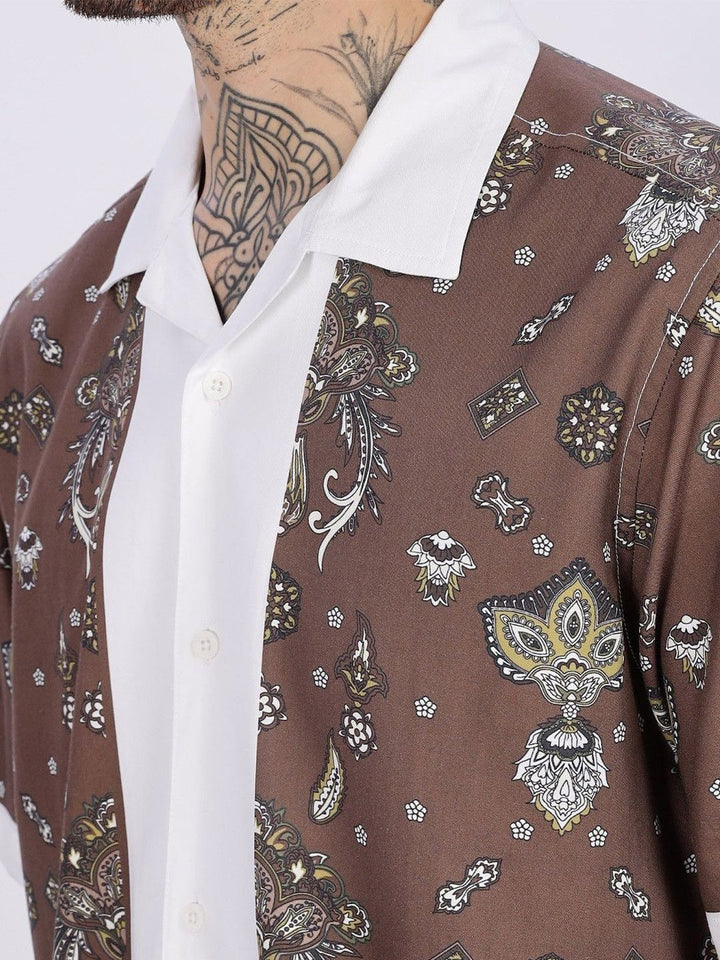 Eszett Bandana Ethnic Motifs Printed Cuban Collar Cotton Shirt