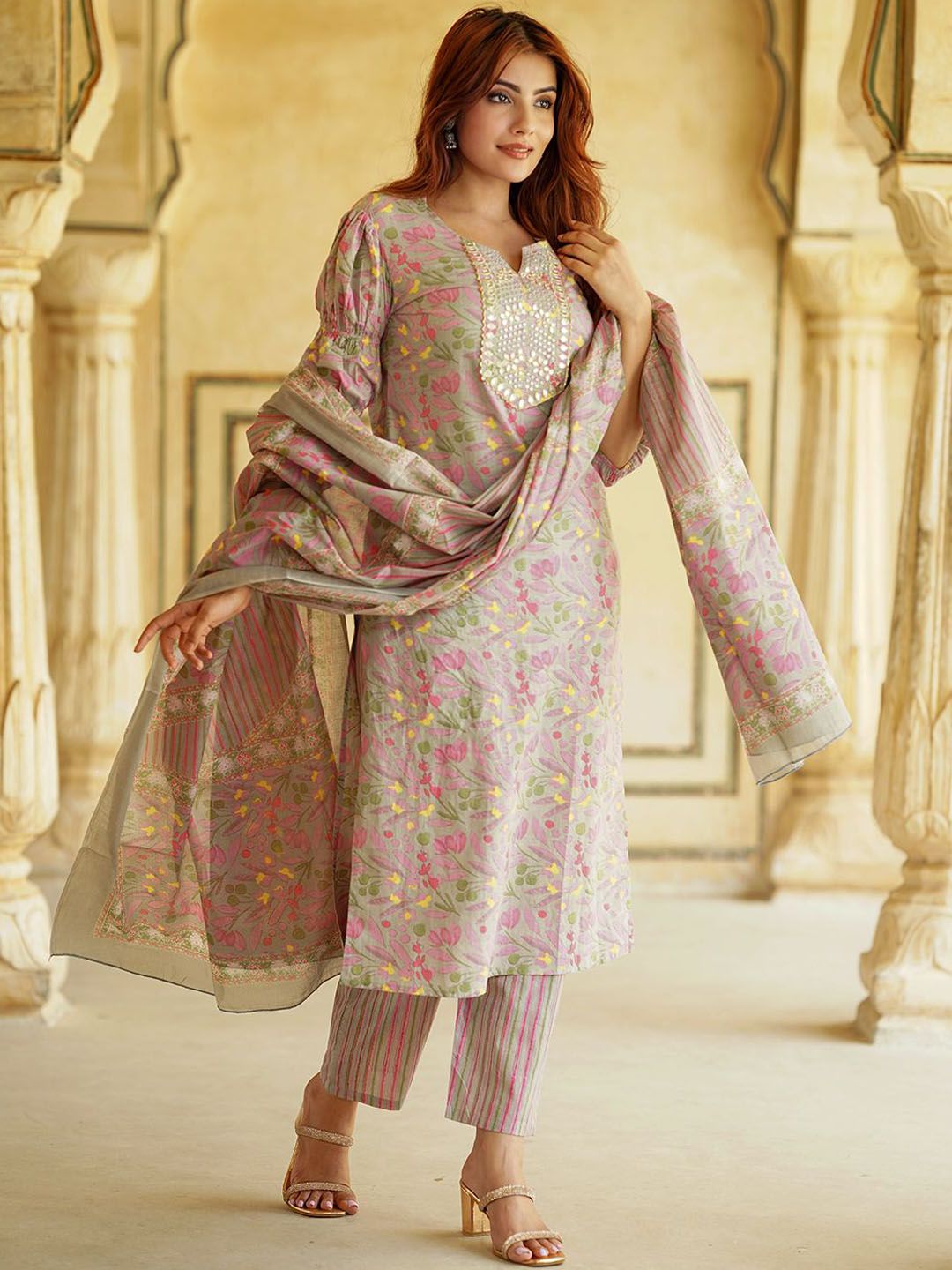 KALINI Floral Printed Thread Work Pure Cotton Straight Kurta With Trousers & Dupatta