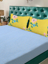 KLOTTHE Blue & White Stripted Printed 300TC Double King Fine Bedsheet With 2 Pillow Cover