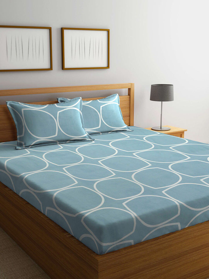 KLOTTHE Biru & Putih Geometri Bercetak 300 TC Cadar King Dengan 2 Sarung Bantal