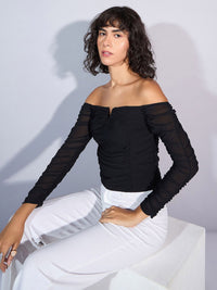 SASSAFRAS Striped Off-Shoulder Net Bardot Top