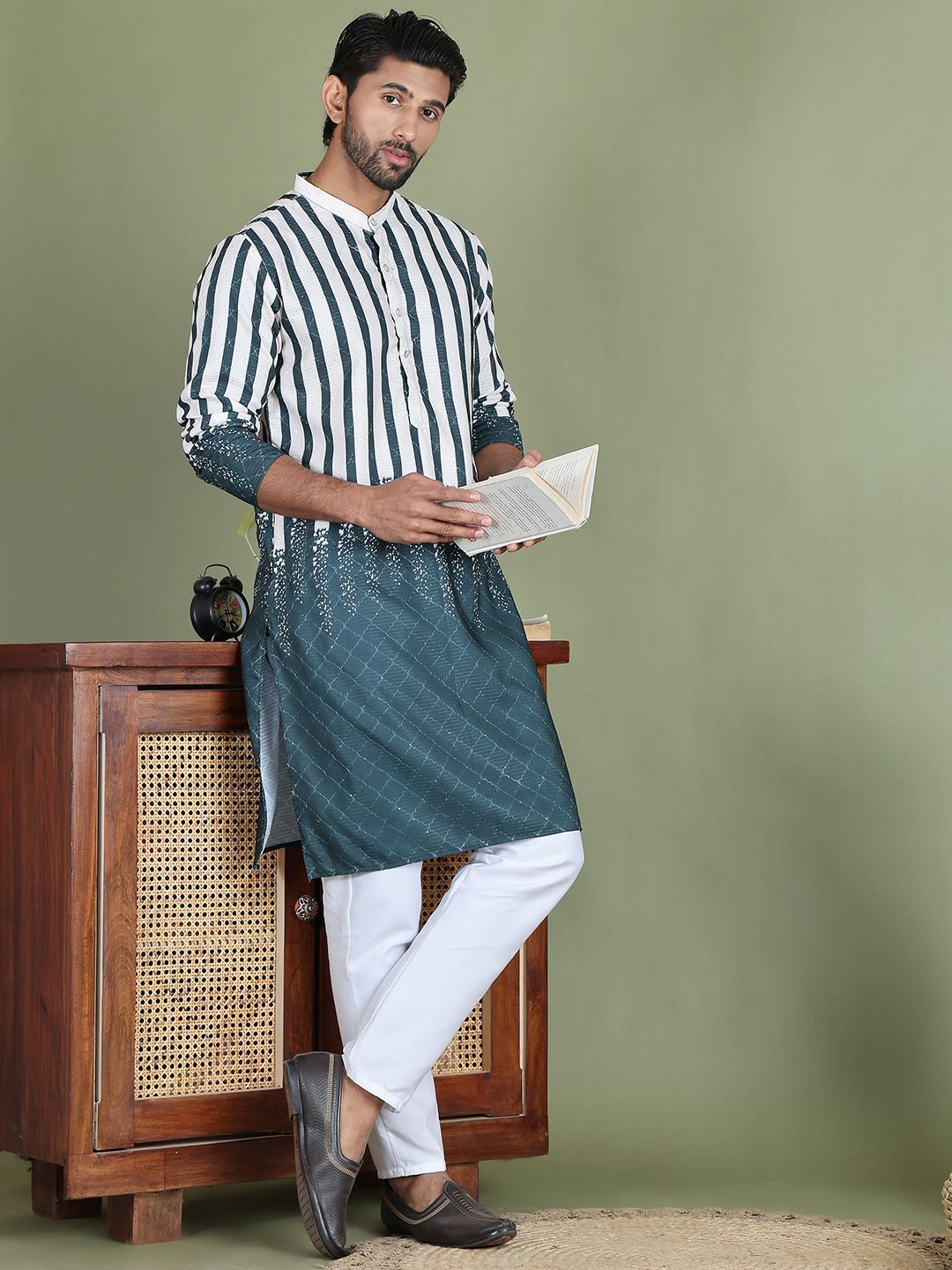 Jompers Striped Printed Band Collar Straight Kurta With Trouser