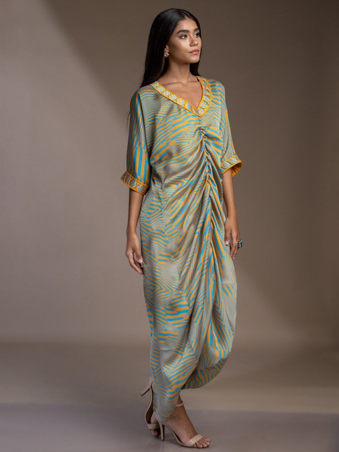 Mamicha Wanita Cetak Lengan Batwing V-neck A-Line Maxi Dress