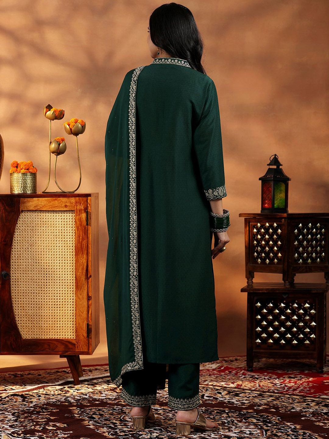 Libas Floral Yoke Design Zari Work Pleated Dobby Weave A-Line Kurta With Trouser & Dupatta