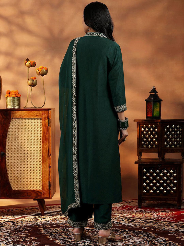 Libas Floral Yoke Design Zari Work Pleated Dobby Weave A-Line Kurta With Trouser & Dupatta