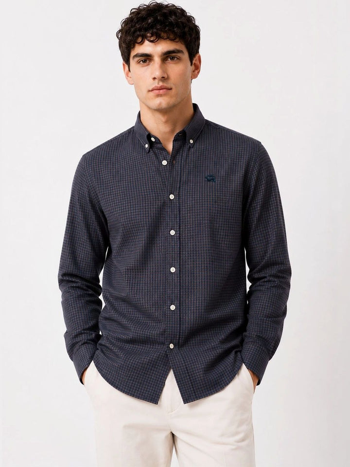 ADRO Men Navy & Brown Mini Checked Regular Fit Casual Cotton Shirt