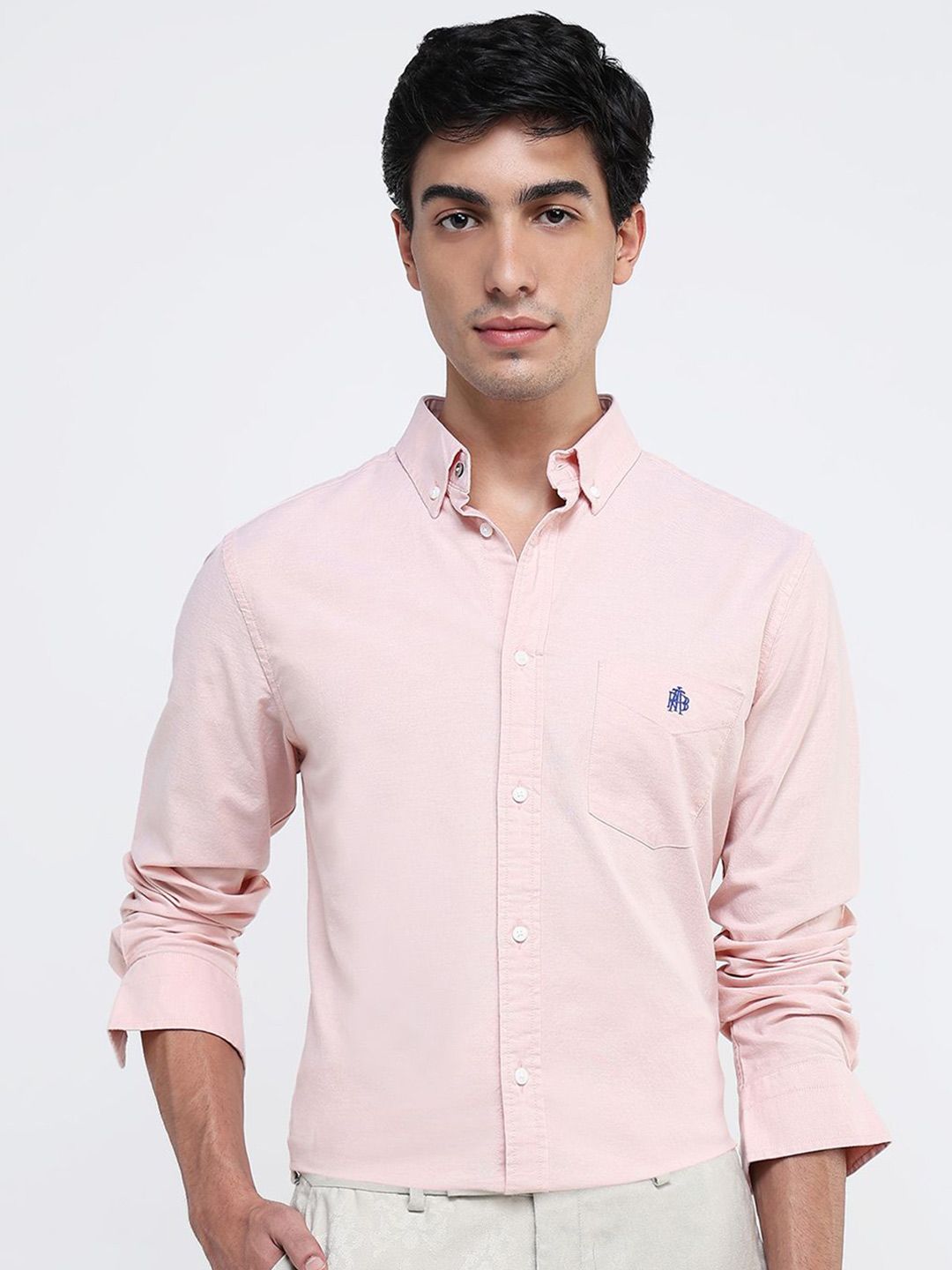 RARE RABBIT Men Comfort Button-Down Collar Solid Cotton Formal Shirt