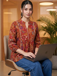Mamicha Floral Print Kolar Mandarin Puff Lengan Cotton Peplum Top