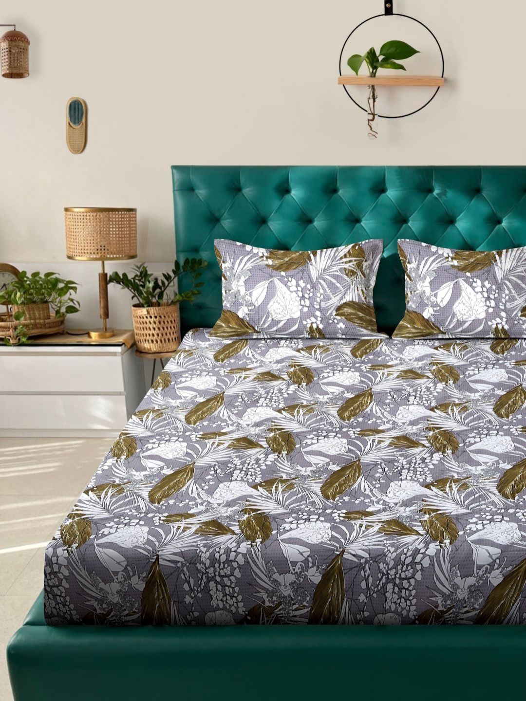 KLOTTHE White Leaf Polycotton 300 TC King Fine Bedsheet with 2 Pillow Covers-106 x 106 inches